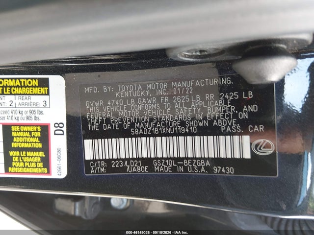 Lexus ES 350 2022 58ADZ1B1XNU119410 Image 9