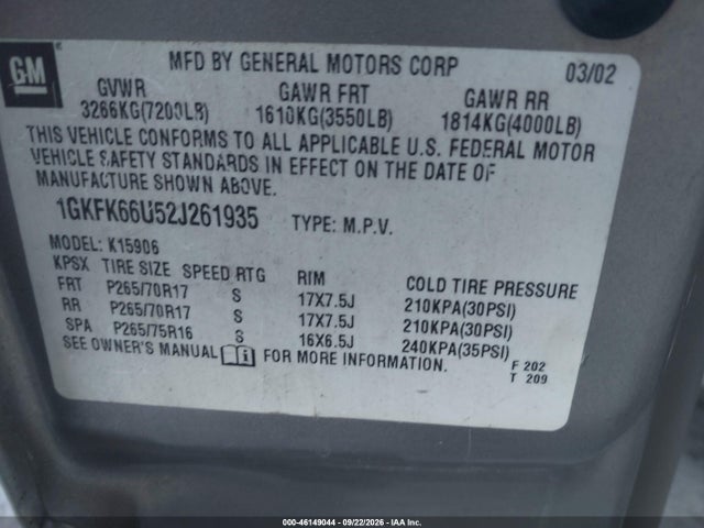 Aukcja sprzedaży 2002 Gmc Yukon Xl 1500 Denali, vin: 1GKFK66U52J261935, numer aukcji: 46149044