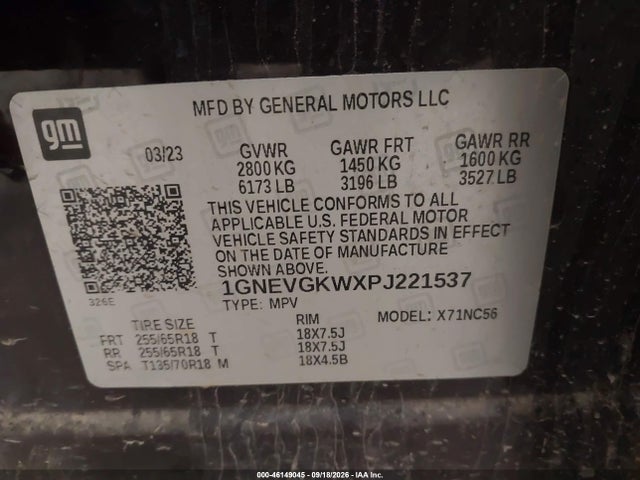 46149045 :رقم المزاد ، 1GNEVGKWXPJ221537 vin ، 2023 Chevrolet Traverse Awd Lt Cloth مزاد بيع
