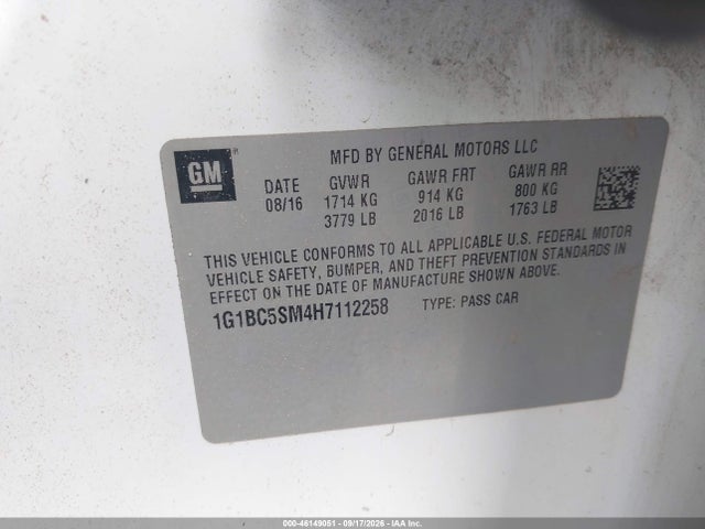 46149051 :رقم المزاد ، 1G1BC5SM4H7112258 vin ، 2017 Chevrolet Cruze Ls Auto مزاد بيع