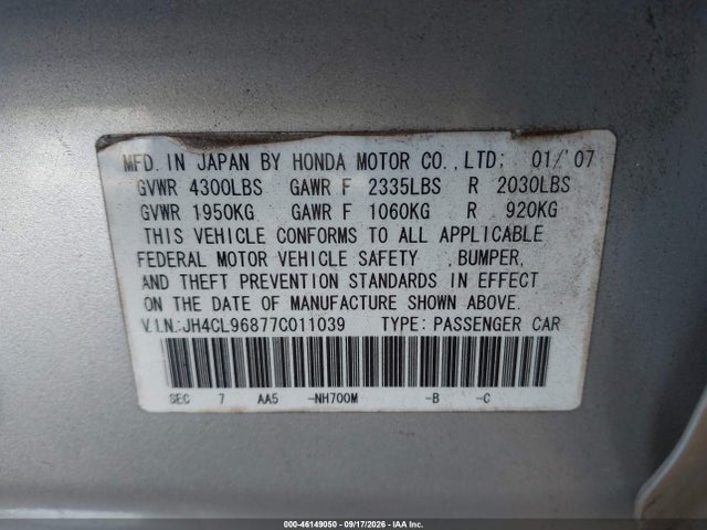 46149050 :رقم المزاد ، JH4CL96877C011039 vin ، 2007 Acura Tsx مزاد بيع