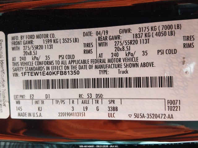 46149061 :رقم المزاد ، 1FTEW1E40KFB81350 vin ، 2019 Ford F-150 King Ranch مزاد بيع