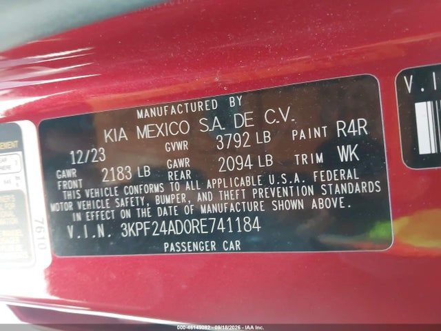 Aukcja sprzedaży 2024 Kia Forte Lxs, vin: 3KPF24AD0RE741184, numer aukcji: 46149082