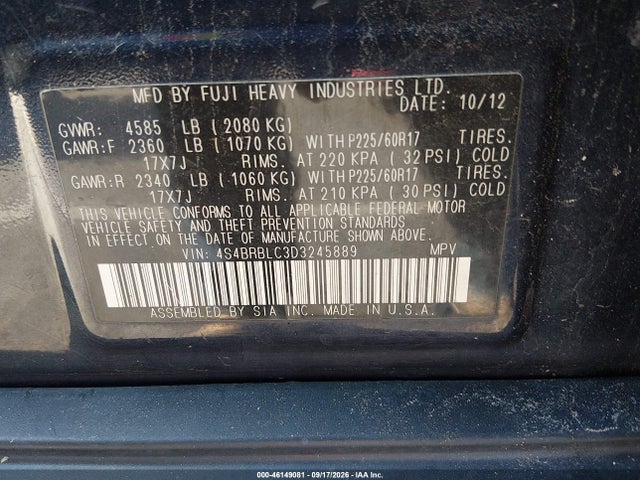 46149081 :رقم المزاد ، 4S4BRBLC3D3245889 vin ، 2013 Subaru Outback 2.5i Limited مزاد بيع