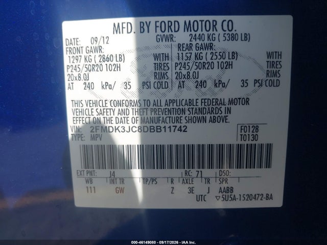 46149080 :رقم المزاد ، 2FMDK3JC8DBB11742 vin ، 2013 Ford Edge Sel مزاد بيع
