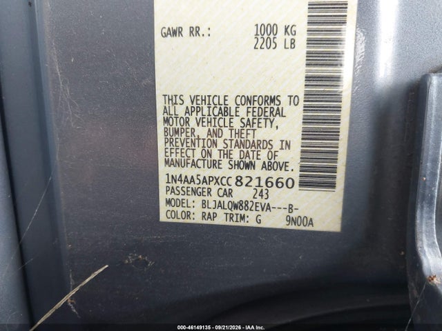 Aukcja sprzedaży 2012 Nissan Maxima S/sv, vin: 1N4AA5APXCC821660, numer aukcji: 46149135