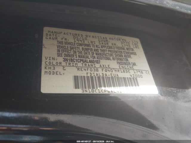 2010 Nissan Versa 1.8s მანქანა იყიდება აუქციონზე, vin: 3N1BC1CP6AL460107, აუქციონის ნომერი: 46149137