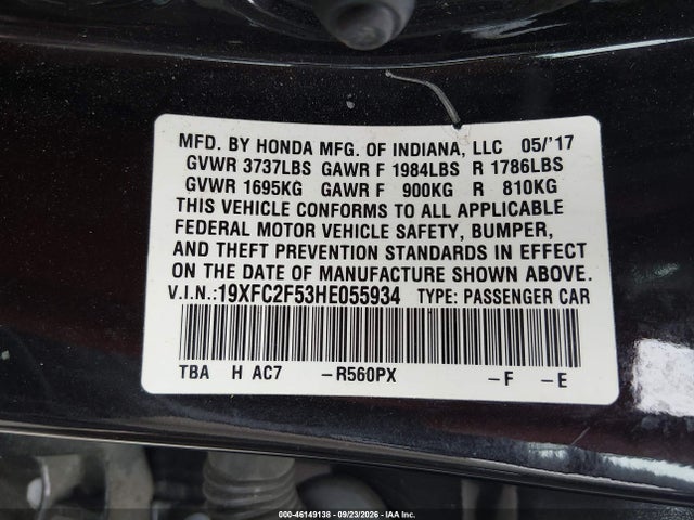 Продаж на аукціоні авто 2017 Honda Civic Lx, vin: 19XFC2F53HE055934, номер лоту: 46149138