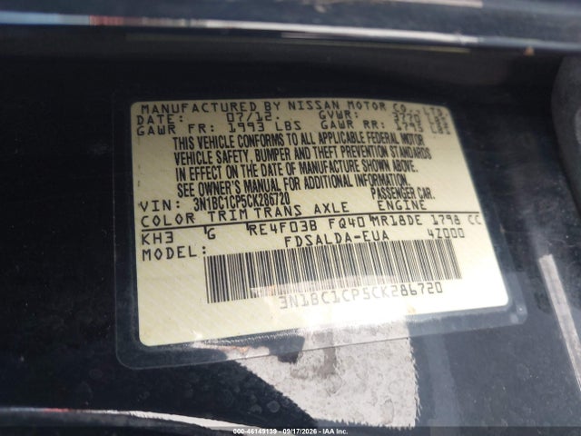 2012 Nissan Versa 1.8 S მანქანა იყიდება აუქციონზე, vin: 3N1BC1CP5CK286720, აუქციონის ნომერი: 46149139