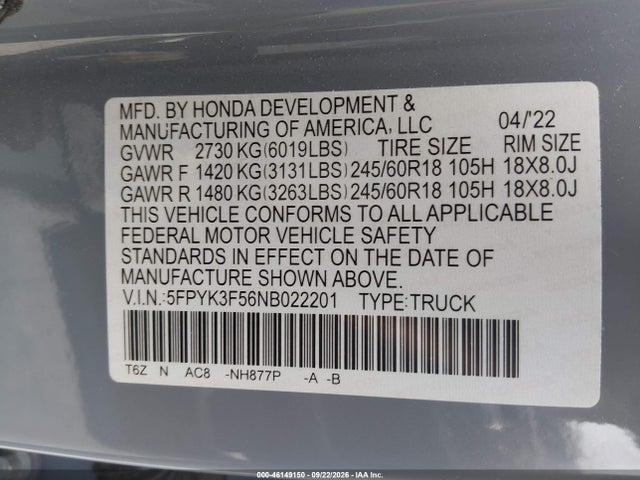 2022 Honda Ridgeline Rtl მანქანა იყიდება აუქციონზე, vin: 5FPYK3F56NB022201, აუქციონის ნომერი: 46149150