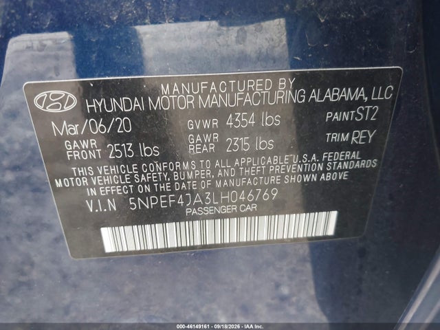 Продажа на аукционе авто 2020 Hyundai Sonata Sel, vin: 5NPEF4JA3LH046769, номер лота: 46149161