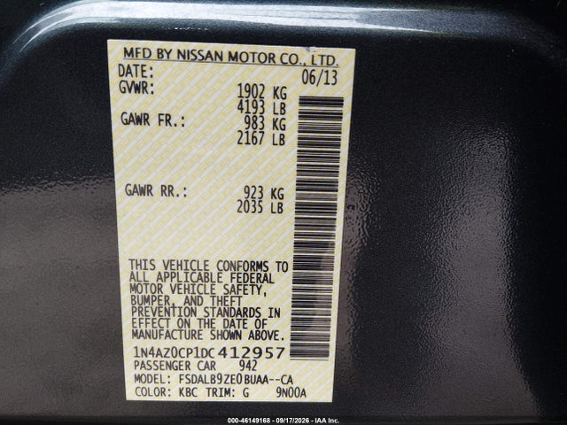 Aukcja sprzedaży 2013 Nissan Leaf S, vin: 1N4AZ0CP1DC412957, numer aukcji: 46149168