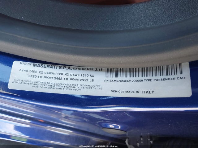Продаж на аукціоні авто 2018 Maserati Ghibli, vin: ZAM57XSA4J1295059, номер лоту: 46149173