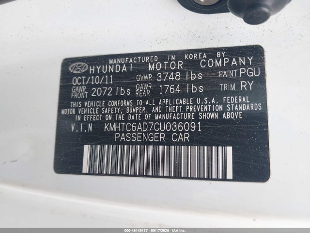 46149177 :رقم المزاد ، KMHTC6AD7CU036091 vin ، 2012 Hyundai Veloster Base W/gray مزاد بيع