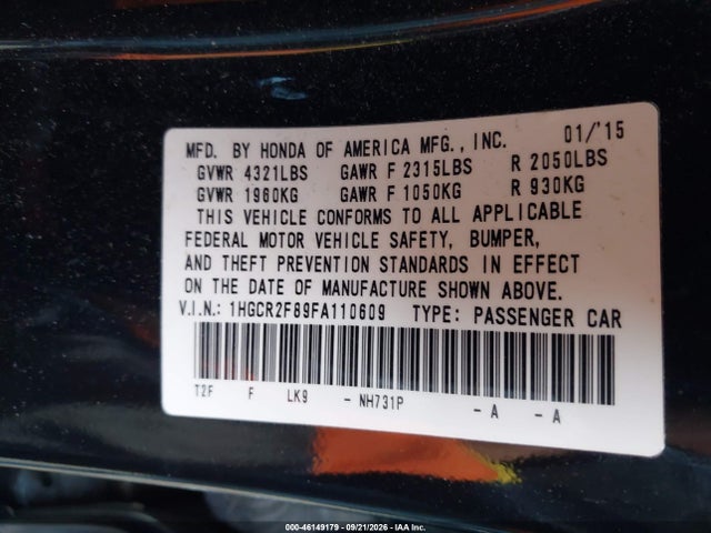 46149179 :رقم المزاد ، 1HGCR2F89FA110609 vin ، 2015 Honda Accord Ex-l مزاد بيع