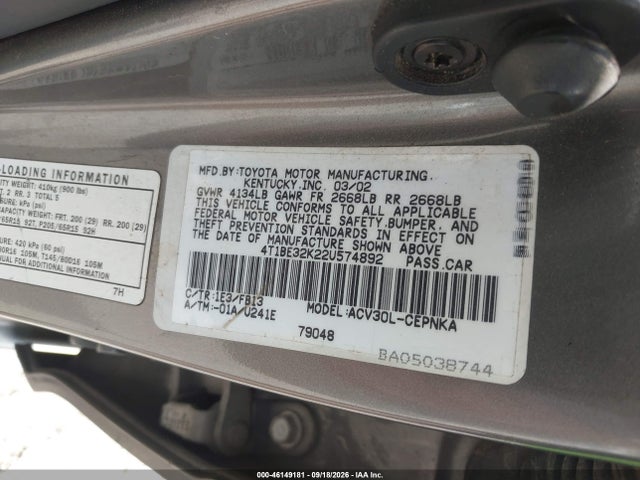 Продаж на аукціоні авто 2002 Toyota Camry Le, vin: 4T1BE32K22U574892, номер лоту: 46149181