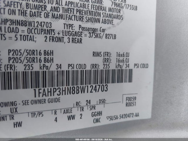 Aukcja sprzedaży 2011 Ford Focus Sel, vin: 1FAHP3HN8BW124703, numer aukcji: 46149186