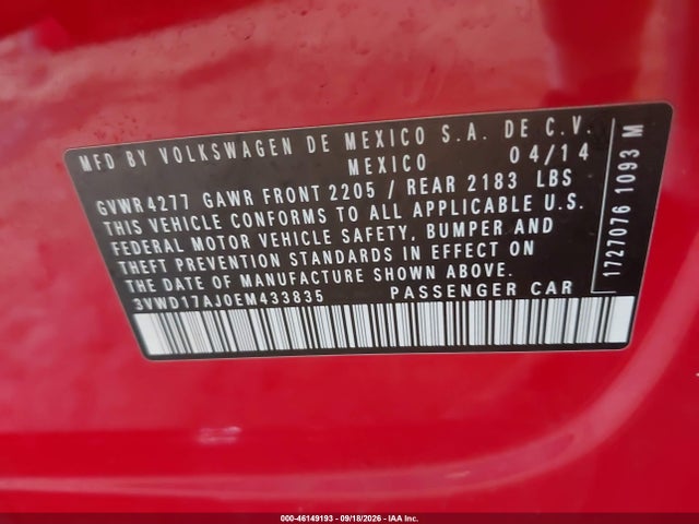 46149193 :رقم المزاد ، 3VWD17AJ0EM433835 vin ، 2014 Volkswagen Jetta 1.8t Se مزاد بيع