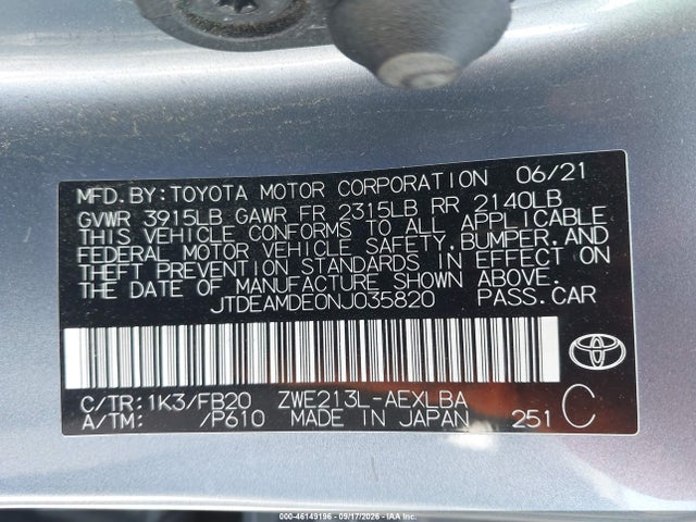 Aukcja sprzedaży 2022 Toyota Corolla Hybrid Le, vin: JTDEAMDE0NJ035820, numer aukcji: 46149196