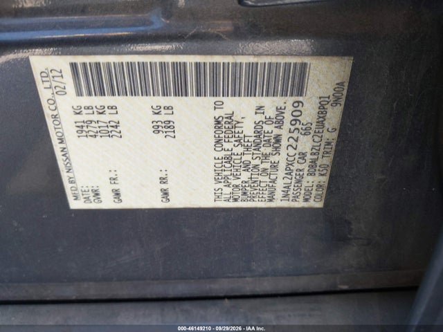 46149210 :رقم المزاد ، 1N4AL2APXCC225909 vin ، 2012 Nissan Altima 2.5 S مزاد بيع