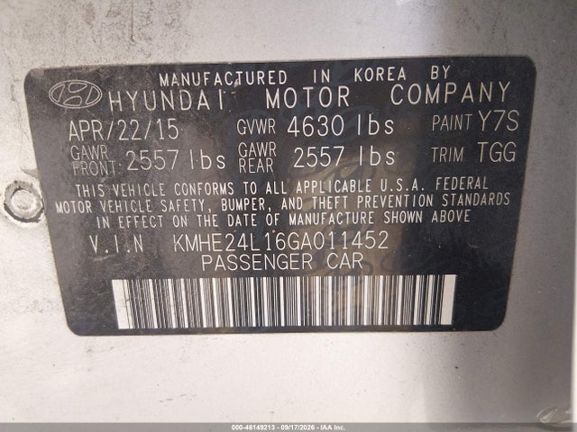 Продаж на аукціоні авто 2016 Hyundai Sonata Hybrid Se, vin: KMHE24L16GA011452, номер лоту: 46149213