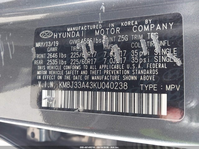 2019 Hyundai Tucson Value მანქანა იყიდება აუქციონზე, vin: KM8J33A43KU040238, აუქციონის ნომერი: 46149216