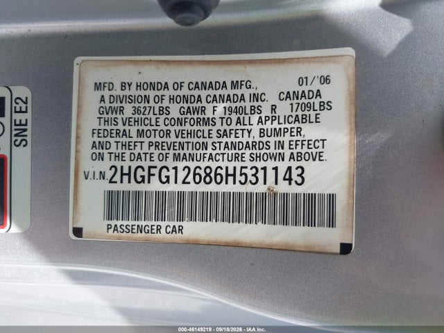 2006 Honda Civic Lx მანქანა იყიდება აუქციონზე, vin: 2HGFG12686H531143, აუქციონის ნომერი: 46149219