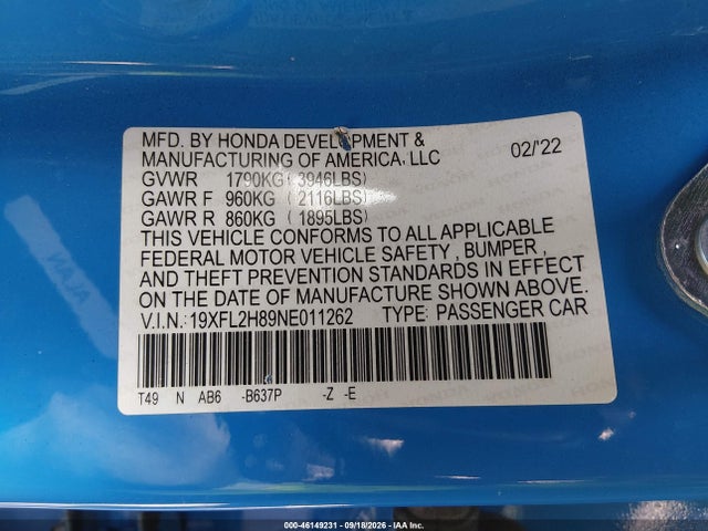 Honda Civic Sport 2022 19XFL2H89NE011262 Image 9
