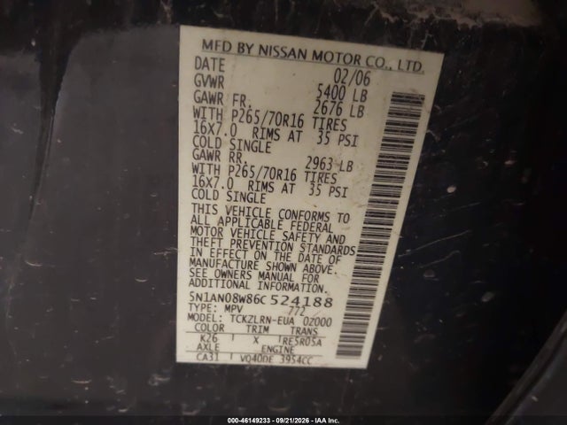 Aukcja sprzedaży 2006 Nissan Xterra S, vin: 5N1AN08W86C524188, numer aukcji: 46149233