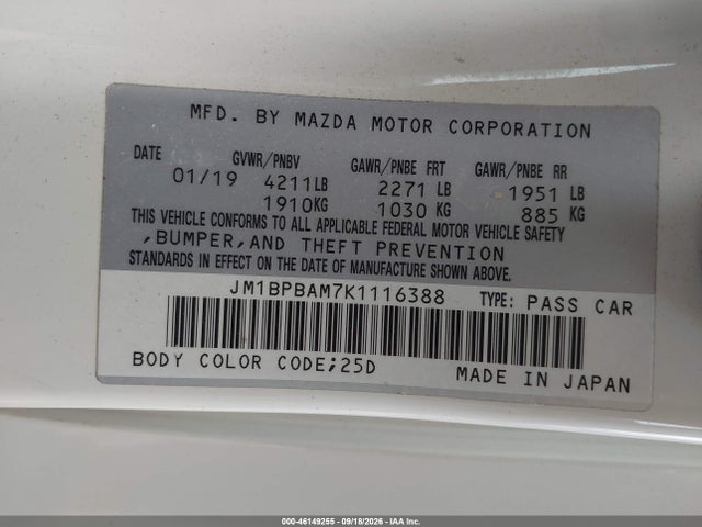 Aukcja sprzedaży 2019 Mazda Mazda3 Select Package, vin: JM1BPBAM7K1116388, numer aukcji: 46149255