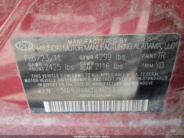 Aukcja sprzedaży 2011 Hyundai Sonata Gls, vin: 5NPEB4AC8BH253380, numer aukcji: 46149257