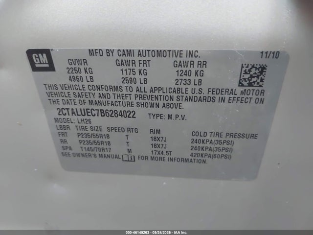 Aukcja sprzedaży 2011 Gmc Terrain Slt-1, vin: 2CTALUEC7B6284022, numer aukcji: 46149263