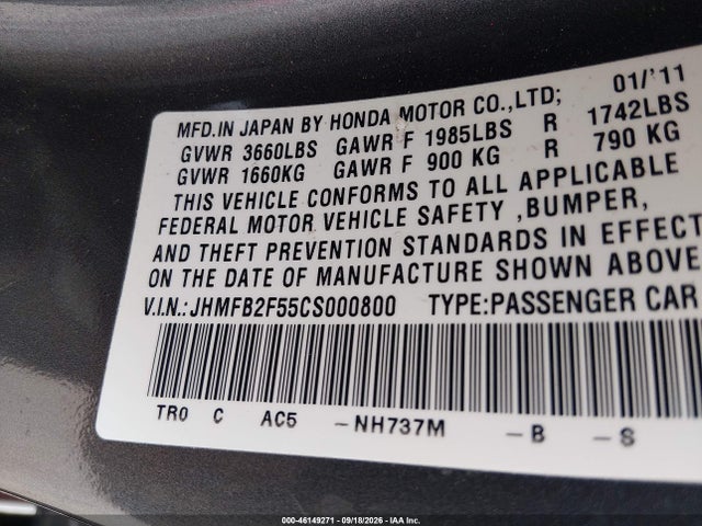 Продажа на аукционе авто 2012 Honda Civic Lx, vin: JHMFB2F55CS000800, номер лота: 46149271