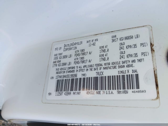 Продажа на аукционе авто 2003 Dodge Ram 1500, vin: 1D7HA18NX3S199286, номер лота: 46149272
