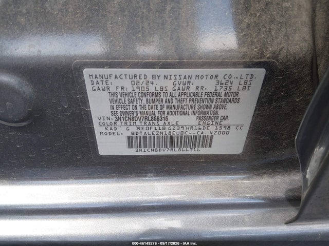 2024 Nissan Versa 1.6 S მანქანა იყიდება აუქციონზე, vin: 3N1CN8DV7RL866316, აუქციონის ნომერი: 46149276