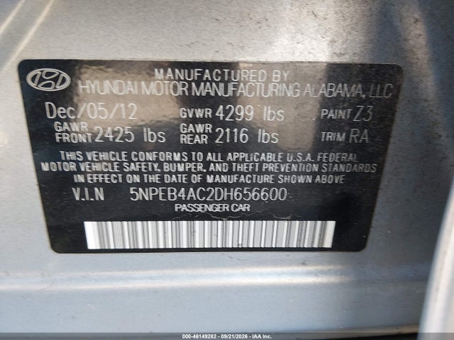 46149282 :رقم المزاد ، 5NPEB4AC2DH656600 vin ، 2013 Hyundai Sonata Gls مزاد بيع