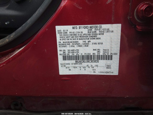 2019 Ford Ecosport Se მანქანა იყიდება აუქციონზე, vin: MAJ6S3GLXKC303820, აუქციონის ნომერი: 46149289