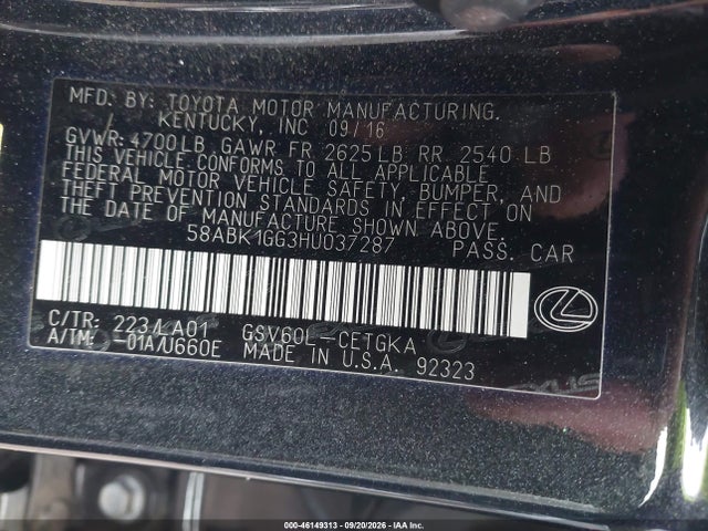 Продаж на аукціоні авто 2017 Lexus Es 350, vin: 58ABK1GG3HU037287, номер лоту: 46149313