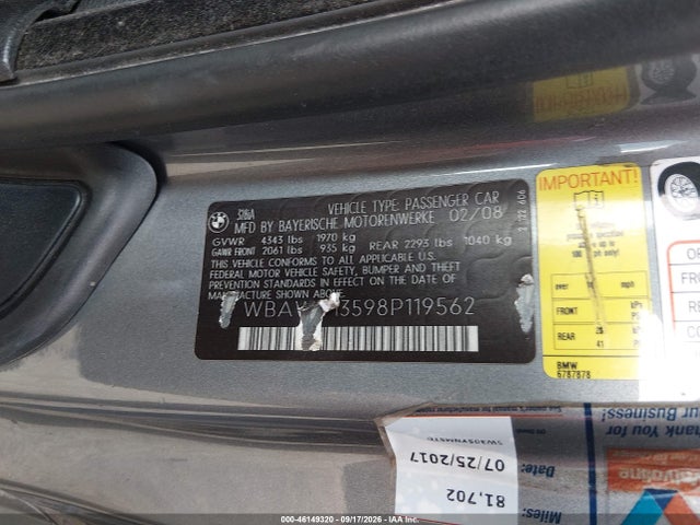 Продаж на аукціоні авто 2008 Bmw 328i, vin: WBAWV13598P119562, номер лоту: 46149320