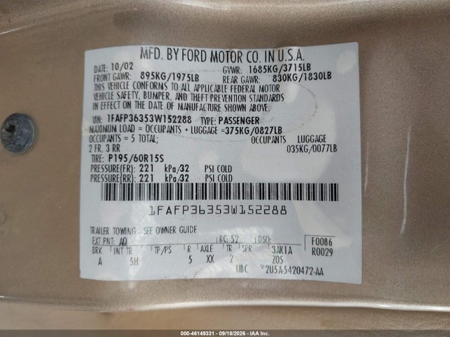 46149331 :رقم المزاد ، 1FAFP36353W152288 vin ، 2003 Ford Focus Se/ztw مزاد بيع