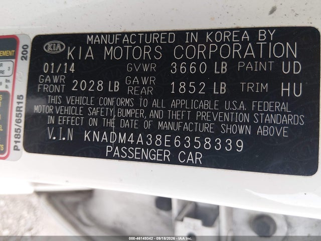 46149342 :رقم المزاد ، KNADM4A38E6358339 vin ، 2014 Kia Rio Lx مزاد بيع
