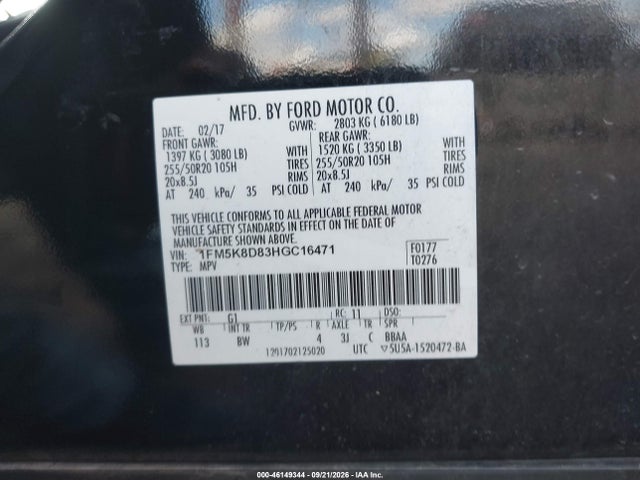 46149344 :رقم المزاد ، 1FM5K8D83HGC16471 vin ، 2017 Ford Explorer Xlt مزاد بيع