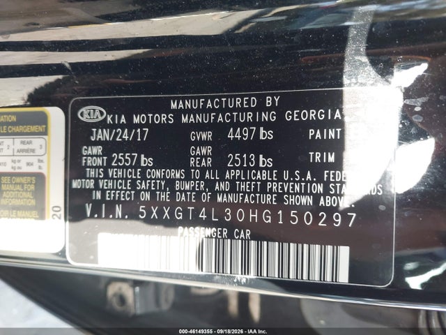 2017 Kia Optima Lx მანქანა იყიდება აუქციონზე, vin: 5XXGT4L30HG150297, აუქციონის ნომერი: 46149355