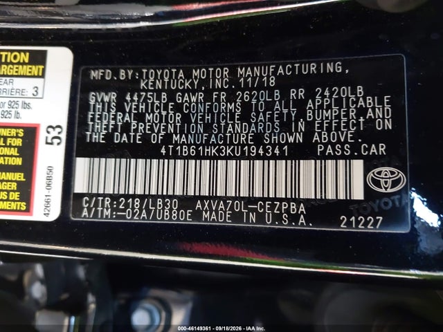 4T1B61HK3KU194341 Toyota CAMRY XSE