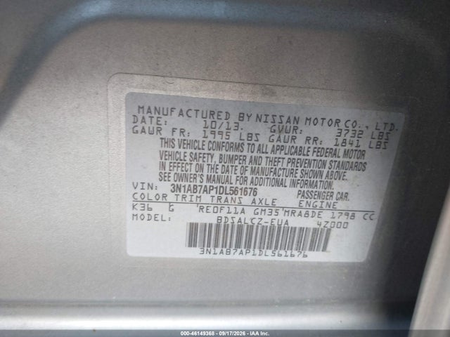 Продаж на аукціоні авто 2013 Nissan Sentra S, vin: 3N1AB7AP1DL561676, номер лоту: 46149368