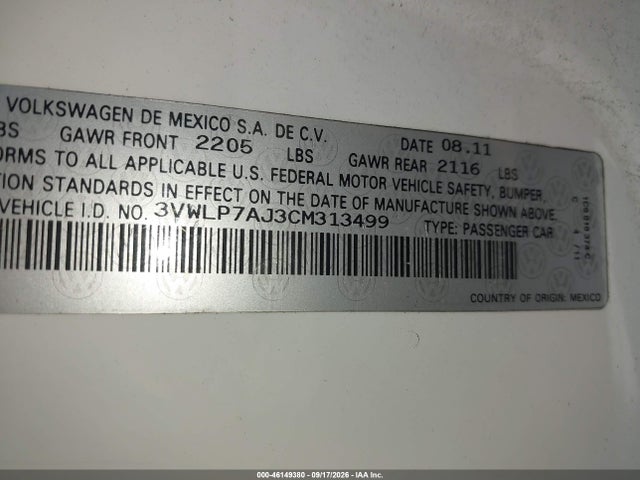 Продажа на аукционе авто 2012 Volkswagen Jetta 2.5l Sel, vin: 3VWLP7AJ3CM313499, номер лота: 46149380