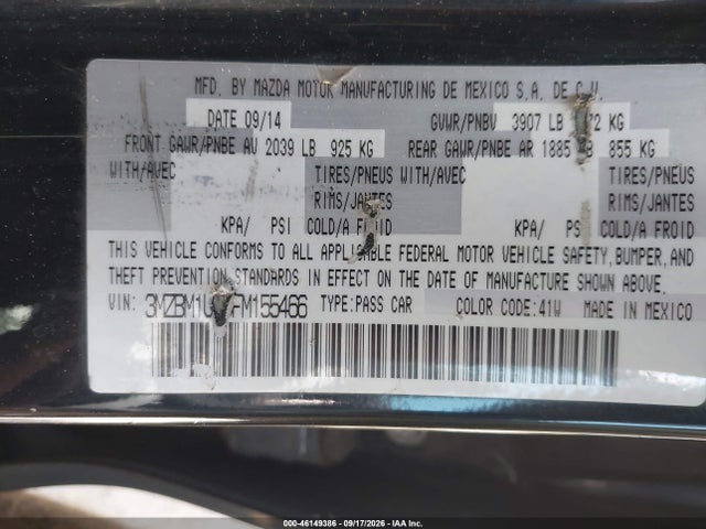 46149386 :رقم المزاد ، 3MZBM1U70FM155466 vin ، 2015 Mazda Mazda3 I Sport مزاد بيع