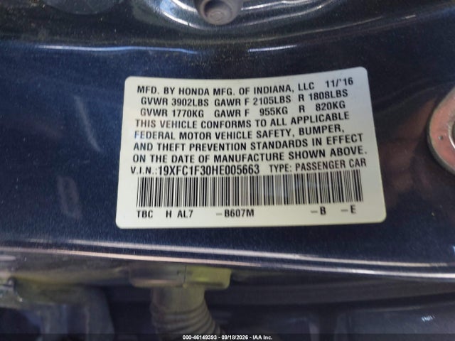 Aukcja sprzedaży 2017 Honda Civic Ex-t, vin: 19XFC1F30HE005663, numer aukcji: 46149393
