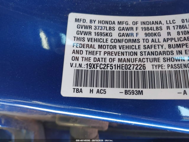 2017 Honda Civic Lx მანქანა იყიდება აუქციონზე, vin: 19XFC2F51HE027226, აუქციონის ნომერი: 46149395