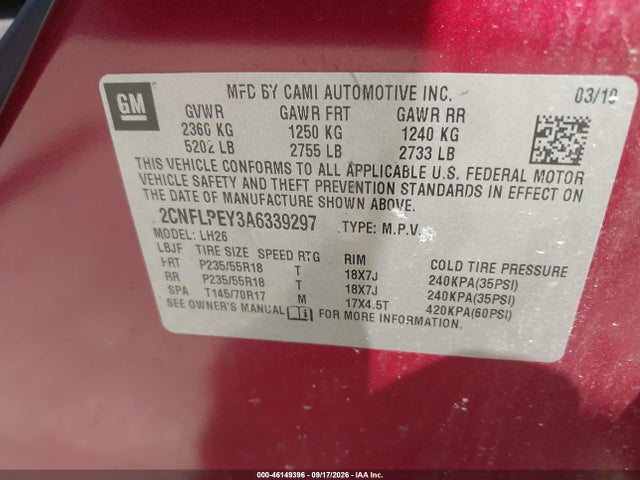 Aukcja sprzedaży 2010 Chevrolet Equinox Lt, vin: 2CNFLPEY3A6339297, numer aukcji: 46149396